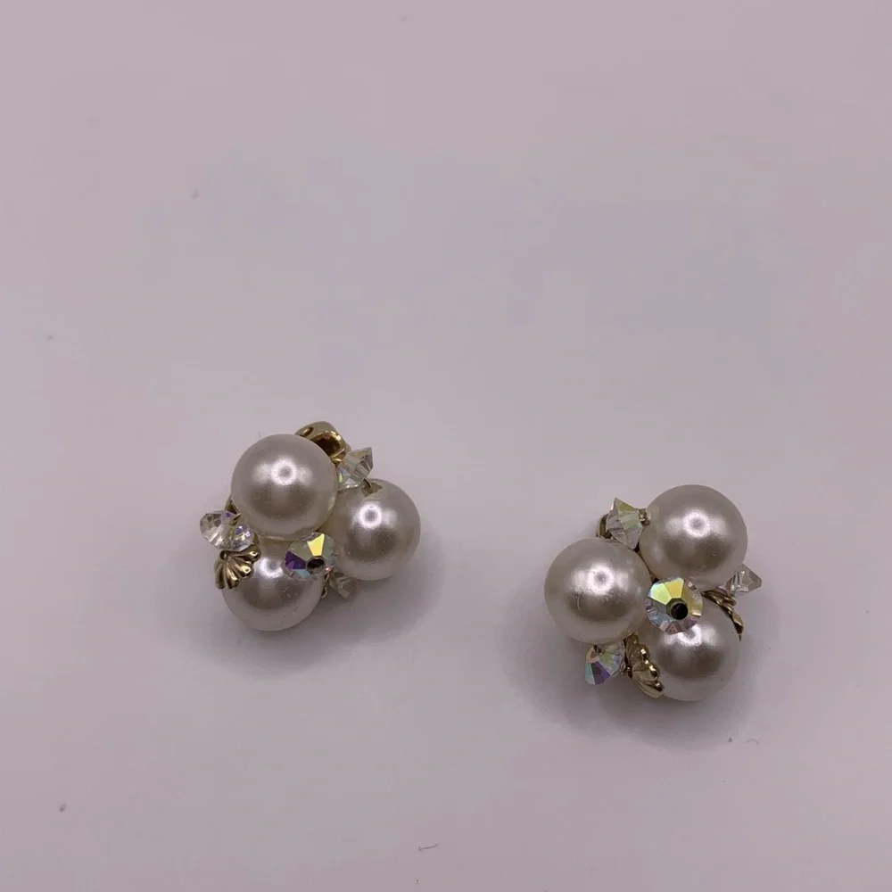 Sherman Pearl and Crystal Cluster Earrings for Christmas - Picture 2 of 6